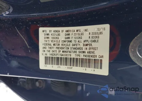 2016 Honda Accord Ex from USA, damaged, VIN 1HGCR2F77GA059376